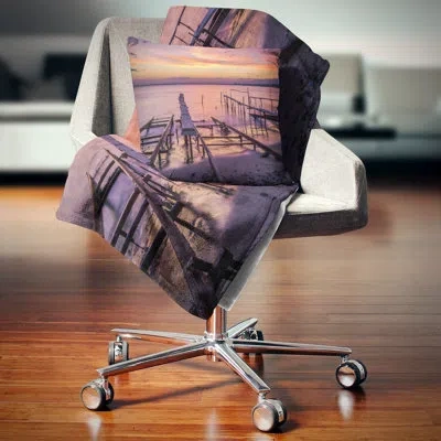 Design Art Fishing Pier In Sea At Sunset - Sea & Shore Printed Pillow In Purple