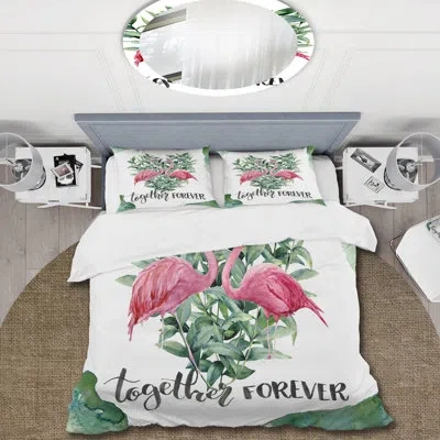 Design Art Flamingo Floral Heart With Eucalyptus Leaves - Traditional Duvet Cover Set - Microfiber Polyester In Green;pink