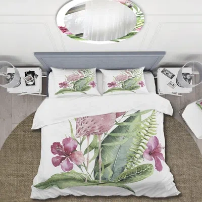 Design Art Flamingo With Exotic Foliage And Pink Flowers - Traditional Duvet Cover Set - Microfiber Polyester In Pink,green,white