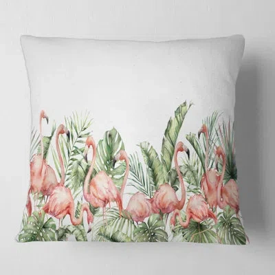 Design Art Flamingos And Palm Leaves And Tropical Birds Square Pillow Cover And Insert In Green