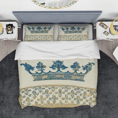 Design Art Fleur De Lis Gold Crown - Ornate Glam Duvet Cover Set - Microfiber Polyester In Beige