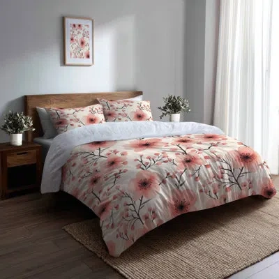 Design Art Floral 3 Pcs Bedding Set - Country Farmhouse Pink Blush Blossoms Duvet Cover And Throw Cushion Set In Black;pink