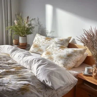 Design Art Floral 4 Pcs Bed Comforter Set - Country Farmhouse Beige Whisper Bed Comforter Set In Beige;gold