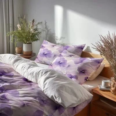 Design Art Floral 4 Pcs Bedding Set - Boho Soft Pansy Bed Comforter Set In Purple