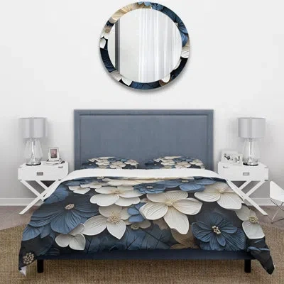 Design Art Floral 4 Pcs Comforter Set - Blue And White Adorned Violets Comforter Bedding Set In Blue;white