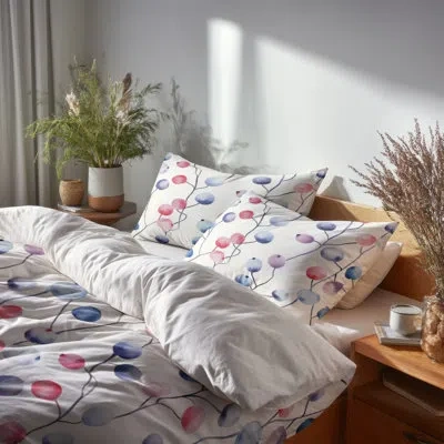 Design Art Floral 6 Pcs Comforter Set - Blue Berry Whisper Comforter Bedding Set In Blue;red