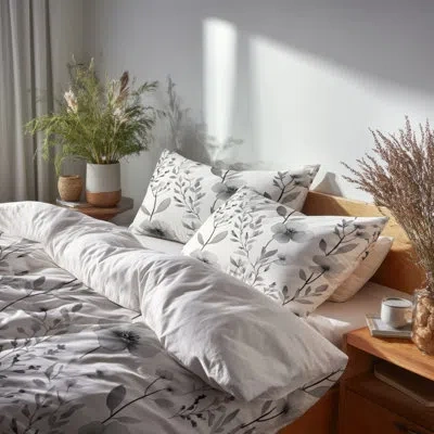 Design Art Floral 6 Pcs Comforter Set - Grey Meadow Monotone Comforter Bedding Set In Gray;white