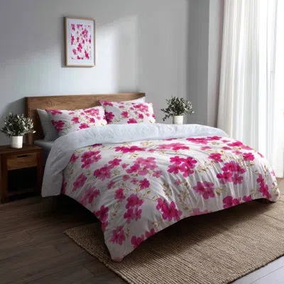 Design Art Floral 6 Pcs Comforter Set - Pink Fuchsia Whisper Comforter Bedding Set In White;pink