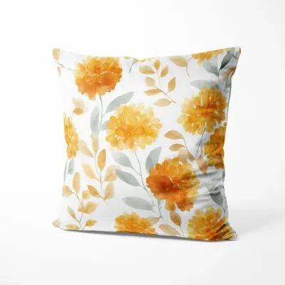 Design Art Floral Accent Pillow - Boho Orange Marigold Mist Printed Cushion In White;orange