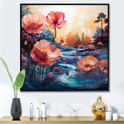 Design Art Floral Alcohol Ink Landscape  - Poppies Canvas Print_105684 In Black Floater Framed