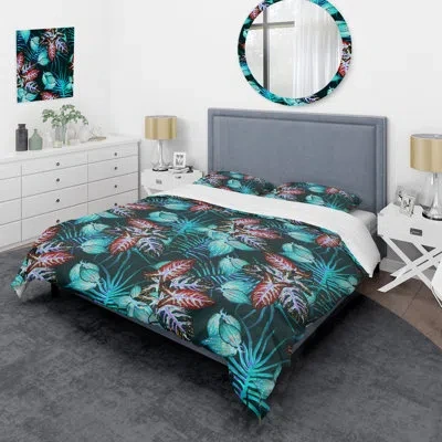 Design Art Floral And Blue Tropical Leaf Blue Microfiber Duvet Cover Set
