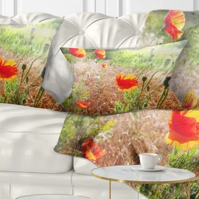 Design Art Floral Beautiful Morning View Of Poppies Lumbar Pillow In Green;orange