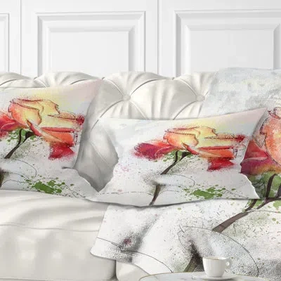 Design Art Floral Beautiful Rose Illustration Drawing Lumbar Pillow In White