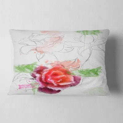 Design Art Floral Beautiful Rose With Rose Sketches Lumbar Pillow In White