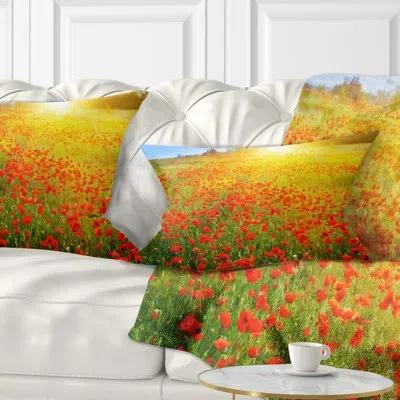 Design Art Floral Beautiful Sunshine Over Poppy Fields Lumbar Pillow In Red