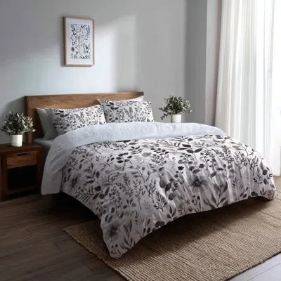 Design Art Floral Bedding Set 3 Pcs - Country Farmhouse Soft Charcoal Garden Duvet Cover Set In Black;white
