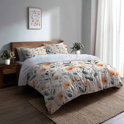 Design Art Floral Bedding Set 4 Pcs - Boho Orange And Green Meadow Flowers Bed Comforter Set In Green;orange