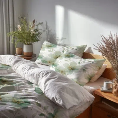Design Art Floral Bedding Set 4 Pcs - Country Farmhouse Green Whisper Bed Comforter Set In Green;white