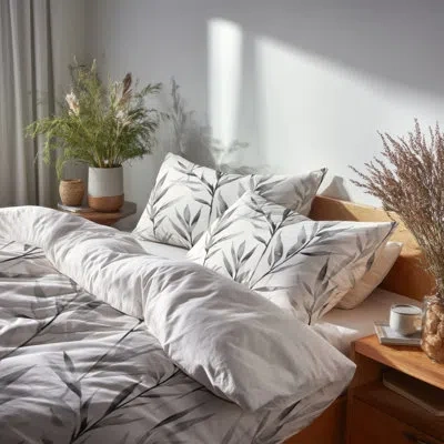 Design Art Floral Bedding Set 4 Pcs - Modern Silver Reed Bed Comforter Set In Gray;silver