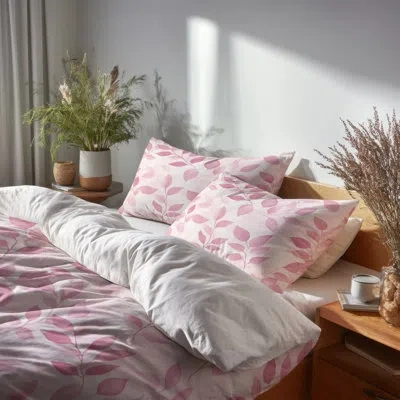 Design Art Floral Bedding Set Of 4 - Country Farmhouse Dawn Pink Leaves Bed Comforter Set In White;pink