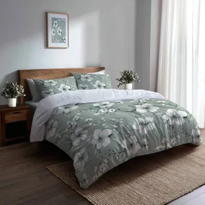 Design Art Floral Bedding Set Of 4 - Country Farmhouse Sage Blossom Drift Bed Comforter Set In Green;white
