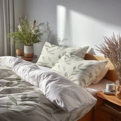 Design Art Floral Bedding Set Of 4 - Modern Linen Sage Bed Comforter Set In Beige;sage