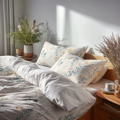 Design Art Floral Bedding Set Of 4 Pcs - Beige Soft Meadow Bed Comforter Set In Yellow;beige