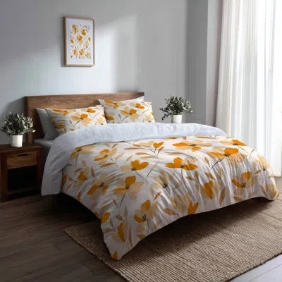 Design Art Floral Bedding Set Of 4 Pcs - Country Farmhouse Warm Marigold Bed Comforter Set In Orange;beige