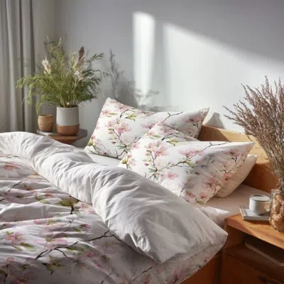 Design Art Floral Bedding Set Of 4 - Pink Apple Blossom Whisper Bed Comforter Set In White;pink
