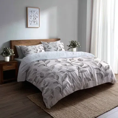 Design Art Floral Bedding Set Of 6 - Country Farmhouse Warm Gray Leaves Comforter Bedding Set In Gray;white