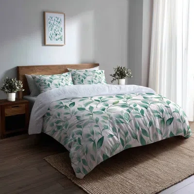 Design Art Floral Bedding Set Of 6 - Green Mint Garden With Shams And Throw Pillows In Green;white