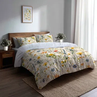 Design Art Floral Bedding Set Of 6 - Yellow Cottage Meadow Notes Comforter Bedding Set In Green;yellow