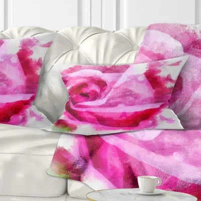 Design Art Floral Bloomy Rose Watercolor Drawing Lumbar Pillow In Pink