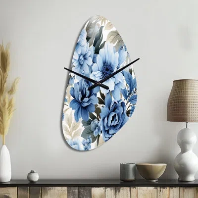Design Art Floral Blue And White Victorian Pattern - Floral Asymmetrical Metal Clock, Cottage Freeform Wall Clo