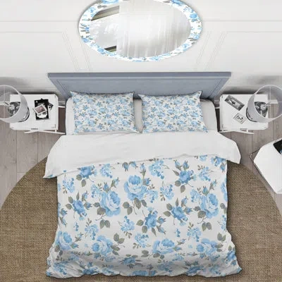 Design Art Floral Blue Roses - Floral Duvet Cover Set - Microfiber Polyester In White