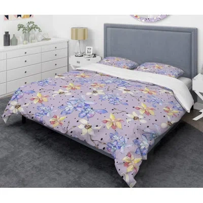 Design Art Floral Botanical Retro V Mid-century Duvet Cover Set In Purple