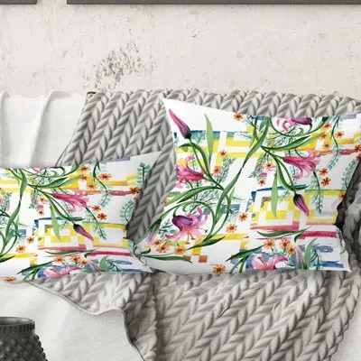 Design Art Floral Botanical Retro Xi - Mid-century Modernprinted Throw Pillow In Blue;white;green;red;yellow;pink