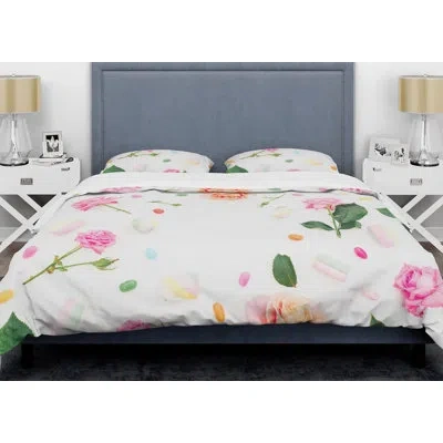 Design Art Floral Botanical Vi Mid-century Duvet Cover Set In White,pink,green