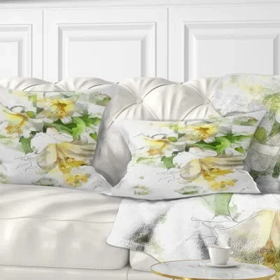Design Art Floral Bunch Of Small Flowers Watercolor Lumbar Pillow In White
