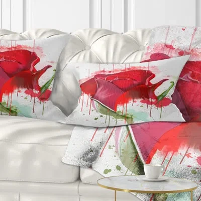 Design Art Floral Colorful Rose Sketch Watercolor Lumbar Pillow In Red