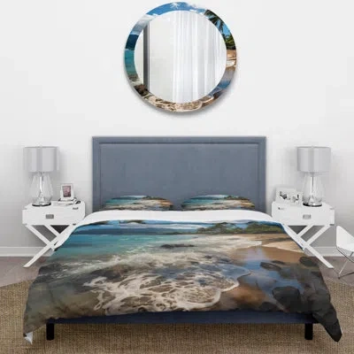 Design Art Floral Comforter Set 4 Pcs - Aloha Tropical Dreamscape Ii Comforter Bedding Set In Teal;beige
