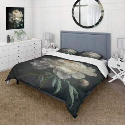 Design Art Floral Comforter Set 4 Pcs - Blooming White Peony V Comforter Bedding Set