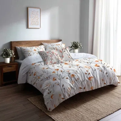 Design Art Floral Comforter Set Of 6 - Country Farmhouse Peach Stemline Comforter Bedding Set In Orange;beige