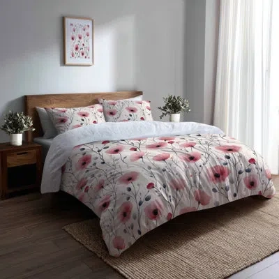 Design Art Floral Comforter Set Of 6 - Country Farmhouse Rose Meadow Comforter Bedding Set In Gray;pink