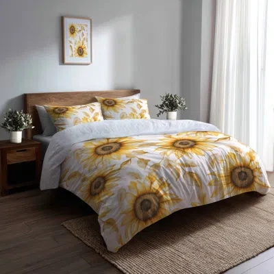 Design Art Floral Comforter Set Of 6 - Country Farmhouse Sun Glow Comforter Bedding Set In White;yellow