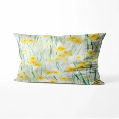 Design Art Floral Decorative Throw Pillow - Country Farmhouse Soft Daffodil Meadow Printed Cushion In Green;yellow