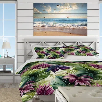 Design Art Floral Duvet Cover Set - Palm Enchantment Tropical Pattern Ii In Green;purple