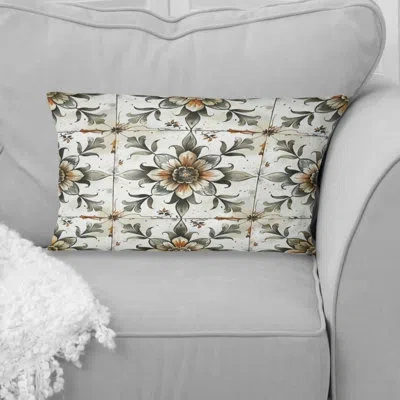 Design Art Floral Farmhouse Tiles - Farmhouse Lumbar Pillow In White,brown