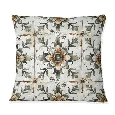 Design Art Floral Farmhouse Tiles - Farmhouse Throw Pillow In White,brown