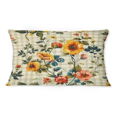 Design Art Floral Gingham Print Iii - Floral Farmhouse Lumbar Pillow In Red;yellow